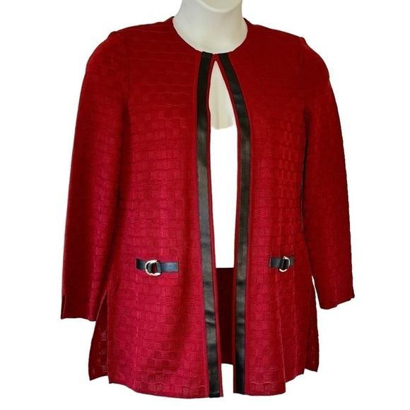Misook Rapture Knit Jacket Oversized Red Textured Black Vegan Leather Trim Small - Picture 4 of 11